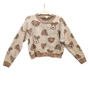 Preppy Dog‎ Lover Sweater Women M Long Dropped Sleeve Crew Neck Cropped #459